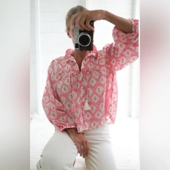 Marea Georgia Top XS Golden Hour Pink Print Cotton Tassel Tie Ruffle Blouse - Picture 1 of 9